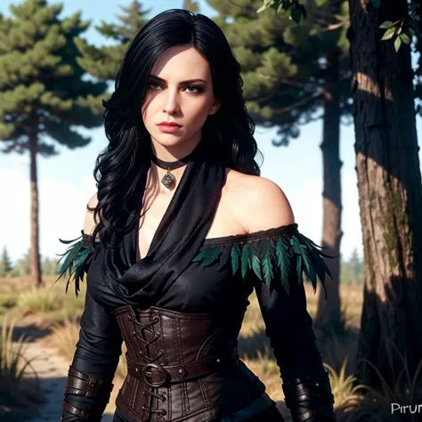 Yennefer, in forest, long hair, black hair, purple eyes, scarf, black dress, bare shoulders, feathers, thighhighs, gloves, boots...