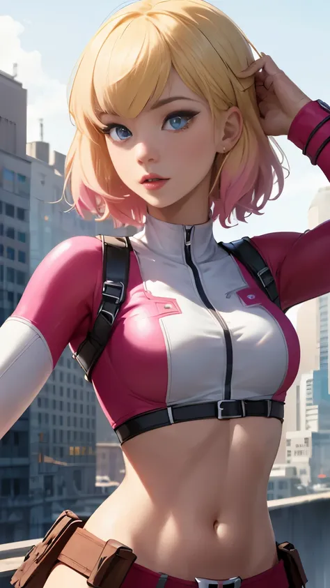 (highly quality, masterpiece, detailed), city detailed scenario, city detailed background, solo, gwenpool, blonde hair, multi co...