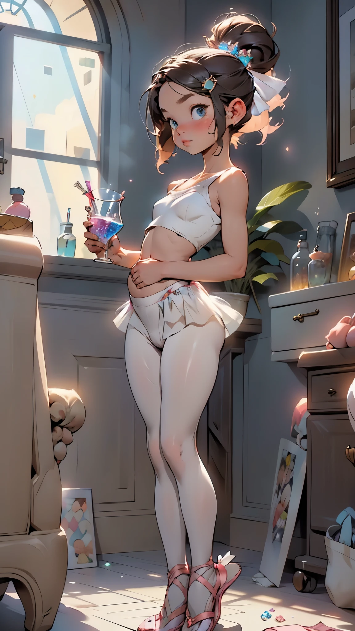 a statue of a female ballerina being held by crystals in a large glass cup, ballerina, ballet, 1girl, ballet slippers, tutu, solo, blue eyes, bare shoulders, pantyhose, white pantyhose, hair ornament, (nsfw:0.55), ((flat chested, flat stomach, baby face)), (intense colors)