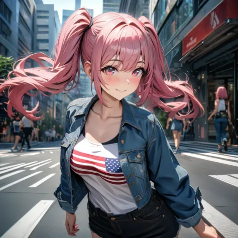 a woman wearing a denim jacket with the united states symbol on the jacket, wearing black denim shorts, hot pink hair with gray ...