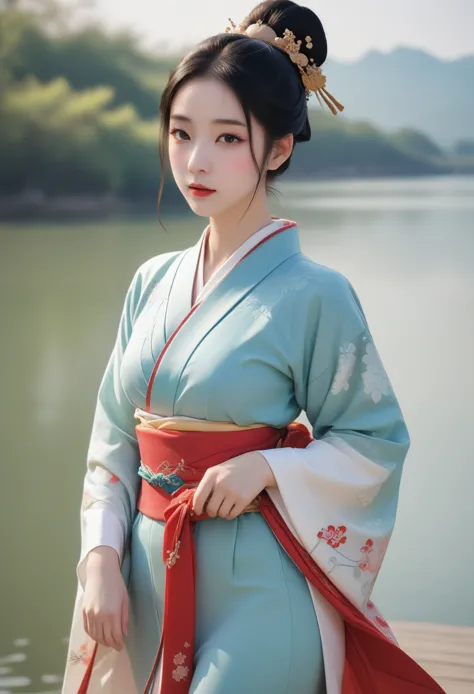 fairy-like hanfu girl，standing by the lake，looking very elegant at the camera，in good shape，（full-body shot），（royal sister tempe...