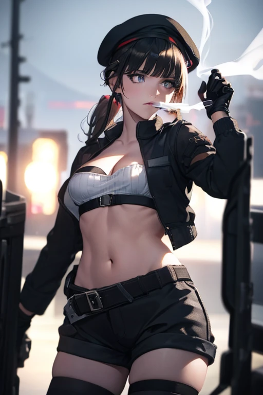  2, (milf:0.8), (solo:1.5), (sfw:1.25), cute breast, beautiful breasts, medium , thin waist, big ass:1.0, Raised sexy, (beret, black jacket, open clothes, cleavage, midriff, black shorts, black thighhighs, thigh strap, fingerless gloves, single glove:1.2), blue eyes, light smile, big , Revimpling fabric, earrings, Hand gloves, detailed face,(smoking:1.3),long hair,side ponytail,hair between eyes,bangs,detailed and beautiful eyes,beautiful detailed lips,Rolling her eyes,manner,hair over one eye, (ultra high resolution, 8K RAW photo, photo realistics, thin outline:1.3, clear focus), best qualtiy, natural lighting, textile shading, blurry back ground, field depth, (Bright pupils, fine detailed beautiful eyes with highlight:1.3, high detailed face), Red lip, fine realistic skins:1.1, looking down viewers:1.3, (dynamic angle:1.3, front view:1.1, breast focus:1.3, from below:1.2), (dynamic posing:1.5, sexy posing:1.2),Youghal, side lock, hair ornaments, hair band,nice,garden background,artistic rendering,Super detailed,(highest quality,4k,8K,High resolution,masterpiece:1.2),Bright colors,studio lighting
