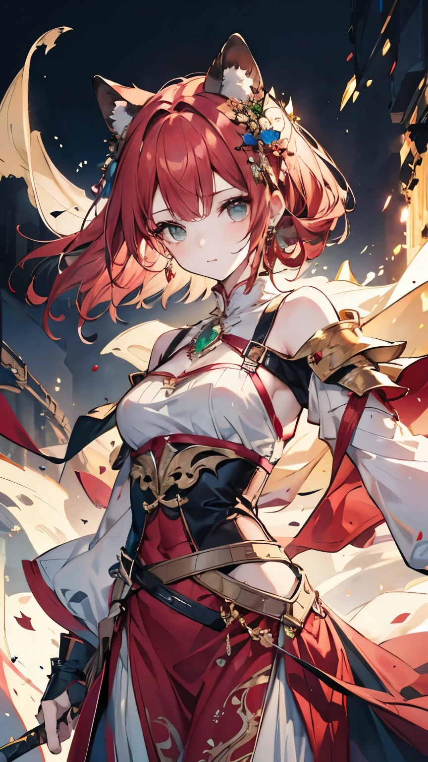 ((best quality)), ((masterpiece)), (detailed), perfect face, Highly detailed face, detailed eyes, (looking at viewer:1.2), (red hair), bangs, ((hair over shoulder)), floating hair, raccoon ears, The armor worn by medieval Western knights, the shiny design, the toned waist, the emphasized chest, the fantasy novels, the powerful gaze, Hair ornaments, jewels, diamonds, rubies, sapphires, emeralds