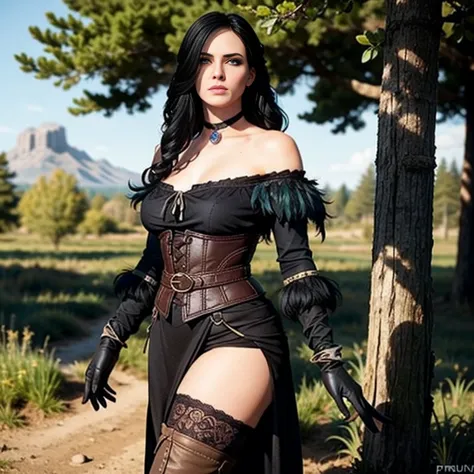 Yennefer, in forest, long hair, black hair, purple eyes, scarf, black dress, bare shoulders, feathers, thighhighs, gloves, boots...