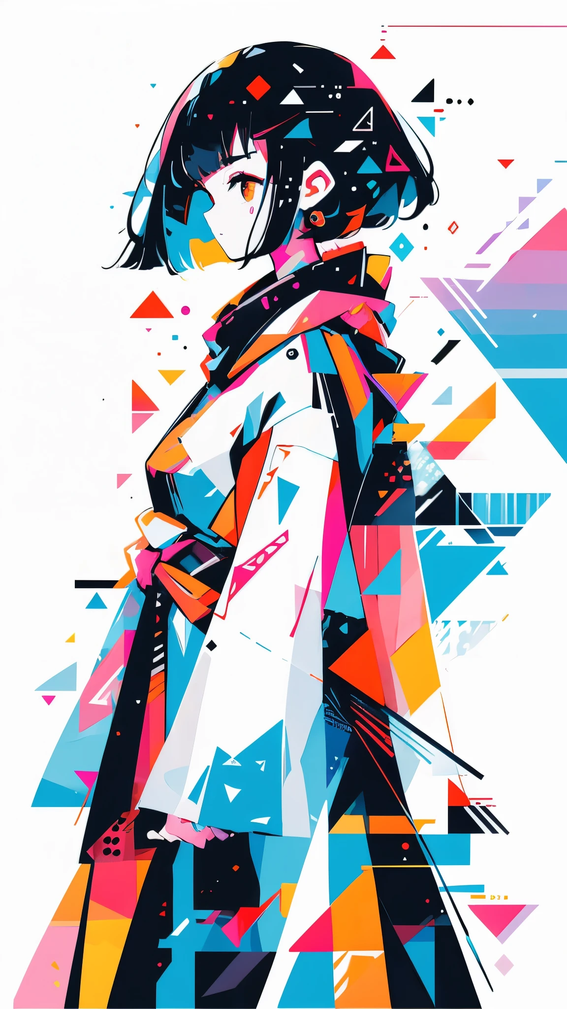 (masterpiece, top quality, best quality, official art, beautiful and aesthetic:1.2), 1girl immersed in a world of glitch art, (digital distortion:1.1), pixels fragmented and scattered, data corruption creating unique patterns, colorful noise adding an element of visual chaos, contemporary aesthetics engulfing her entire being. The girl's expression reflects a sense of fascination and wonder, as she explores this abstract universe that surrounds her. The background is a blend of vibrant colors, each hue melding seamlessly into the next, creating a mesmerizing effect. The lines and shapes within the image appear sharp and defined despite the digital distortion, show