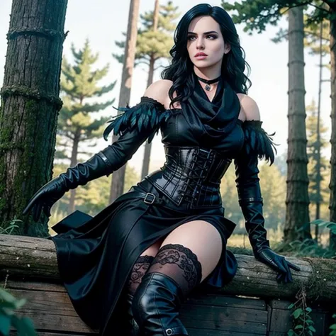 Yennefer, in forest, long hair, black hair, purple eyes, scarf, black dress, bare shoulders, feathers, thighhighs, gloves, boots...