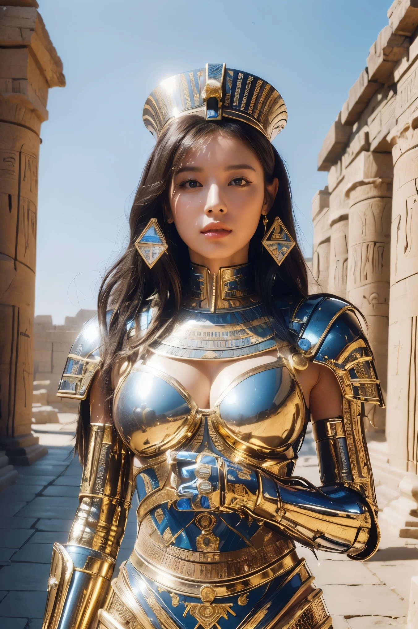 ((最好的品質、8K、傑作:1.3))、照片真實感, 銳利的焦點, 高水準影像品質, 高解析度, 肖像, 一個人, 女士, beautiful 女士, 性感的、行走在古埃及的埃及女戰士、複雜的技術, 偏遠的金字塔和古埃及城市、網路-、光與影、藍光、