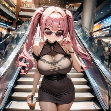 a woman wearing a brown cold dress, hot pink hair with gray details, pigtails, pink eyes, smiling, wearing sunglasses, walking o...