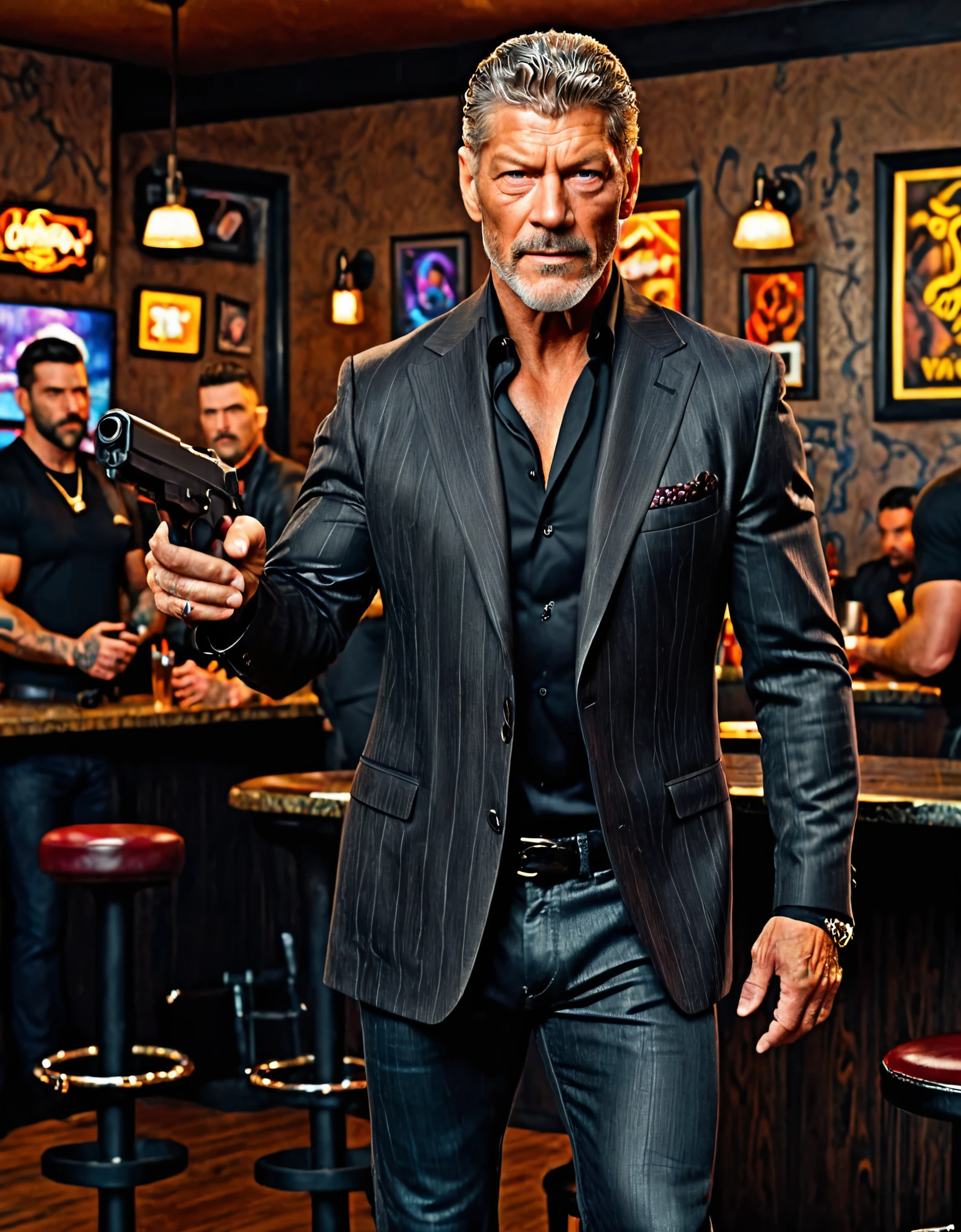 Extremely detailed, very realistic, very sharp, hyper realistic, best quality, masterpiece, 50 age, tall muscled, grizzled (stylish) hair, stubble, Stephen Lang, ((scars)), pants, evil, boots, concealed pistol holster, (((nightclub))), ((blazer)), ((tattoos)), goatee, black hair, pointing pistol