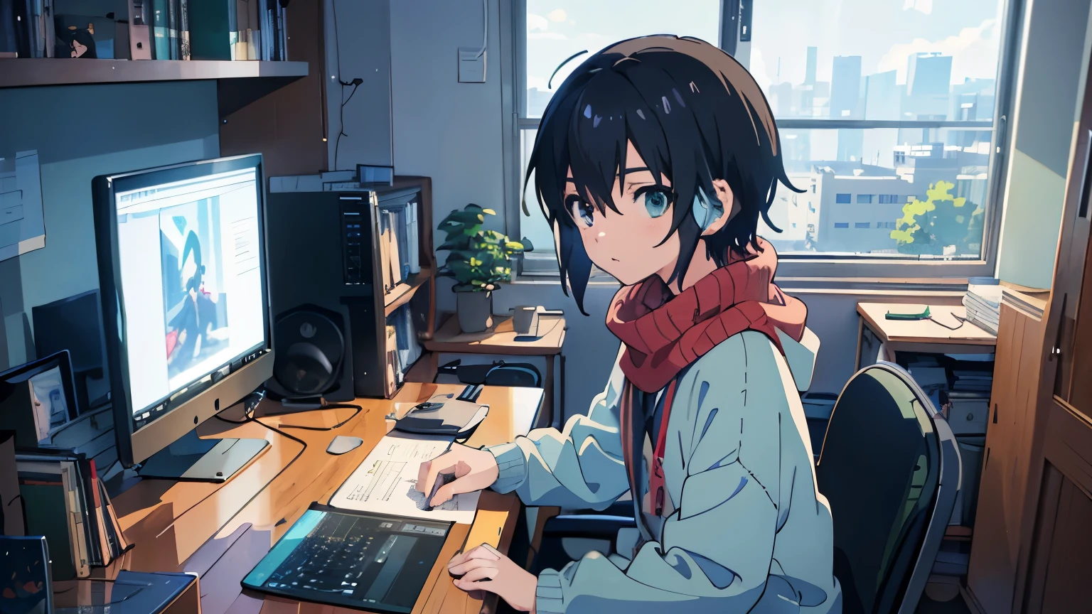 highest quality, masterpiece, ultra high resolution, Super detailed, Anime girl sitting at a desk with a laptop and headphones, body, Light green sweater, black shorts, Red scarf with black stripes, black hair, pretty eyes, digital anime illustration, Keyframe illustration, Gwaites style artwork, Makoto Shinkai&#39;s art style, portrait of lofi, digital anime art, Makoto Shinkai style, lofi girl, sit at desk and type on keyboard, anime style illustration, lofi art style, anime illustration