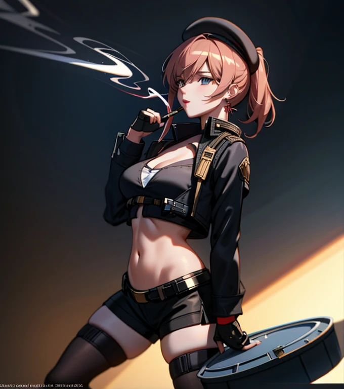  2, (milf:0.8), (solo:1.5), (sfw:1.25), cute breast, beautiful breasts, medium , thin waist, big ass:1.0, Raised sexy, (beret, black jacket, open clothes, cleavage, midriff, black shorts, black thighhighs, thigh strap, fingerless gloves, single glove:1.2), blue eyes, light smile, big , Revimpling fabric, earrings, Hand gloves, detailed face,(smoking:1.3),long hair,side ponytail,hair between eyes,bangs,detailed and beautiful eyes,beautiful detailed lips,Rolling her eyes,manner,hair over one eye, (ultra high resolution, 8K RAW photo, photo realistics, thin outline:1.3, clear focus), best qualtiy, natural lighting, textile shading, blurry back ground, field depth, (Bright pupils, fine detailed beautiful eyes with highlight:1.3, high detailed face), Red lip, fine realistic skins:1.1, looking down viewers:1.3, (dynamic angle:1.3, front view:1.1, breast focus:1.3, from below:1.2), (dynamic posing:1.5, sexy posing:1.2),Youghal, side lock, hair ornaments, hair band,nice,garden background,artistic rendering,Super detailed,(highest quality,4k,8K,High resolution,masterpiece:1.2),Bright colors,studio lighting
