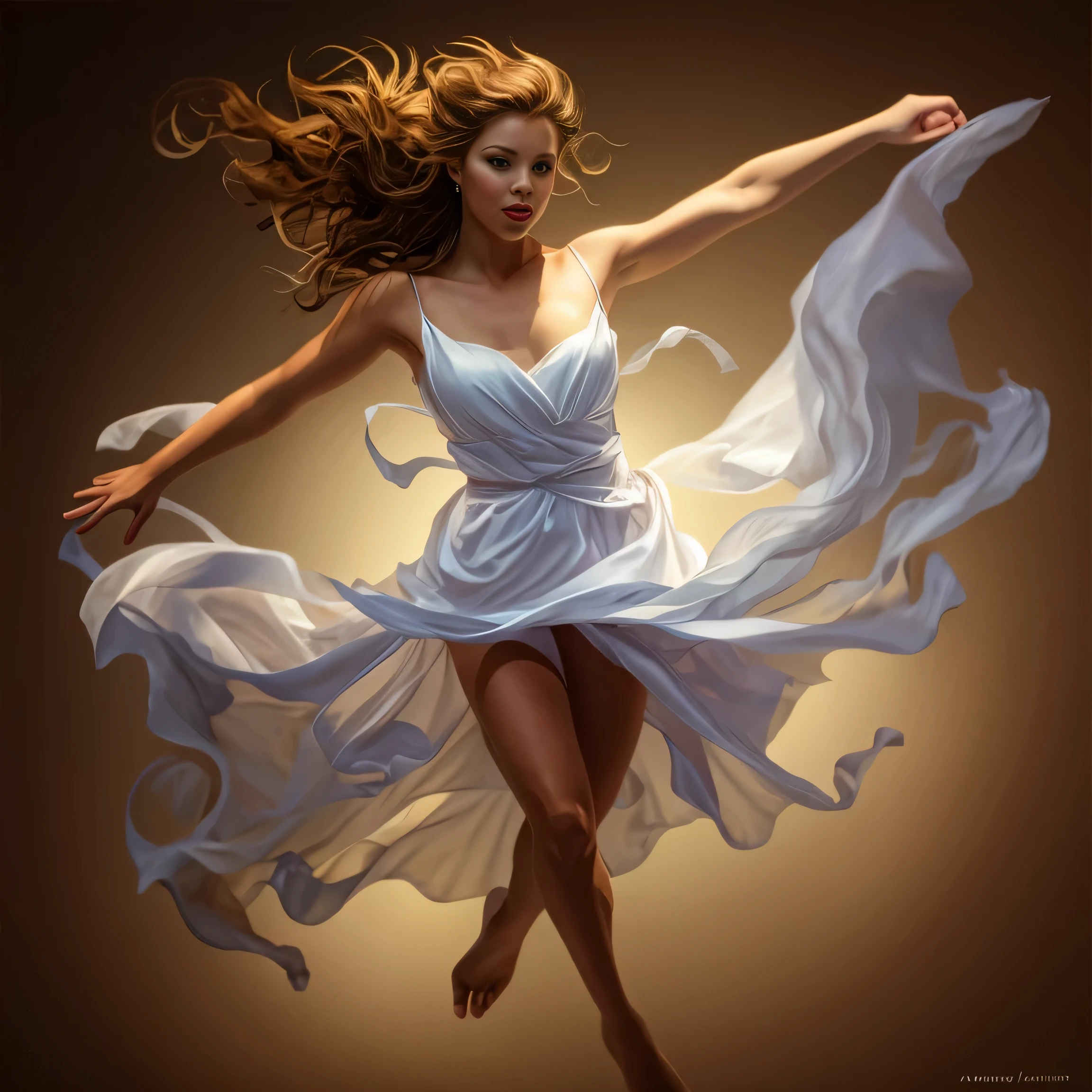 Painting of a woman in a white dress flying in the air, Robre, girl dancing in white dress, raymond swanland style, she is dancing. actual, Stunning young and ethereal figure, art jem style, Stanley Ajem&#39;s style, charlie bowwater character art, style art, Wallop |, author：Stanley Artjem