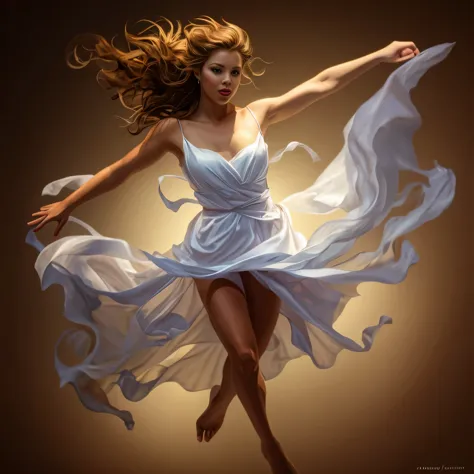 Painting of a woman in a white dress flying in the air, Robre, girl dancing in white dress, raymond swanland style, she is danci...