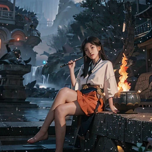 Middle school student in bright orange chiffon dress sitting on a large 鹿角 statue, queen of the sea mu 奈斯 ling, cinematic, by Super Realism, the dragon girl portrait, Guan Xiaotong fantasy, wl op and ross winter rain, ross netflix drama and crossing, full body, Ross Costume 8k,Hanfujia and art germ, Horse-faced skirt and f international star fan science fiction, 1girl, 独奏