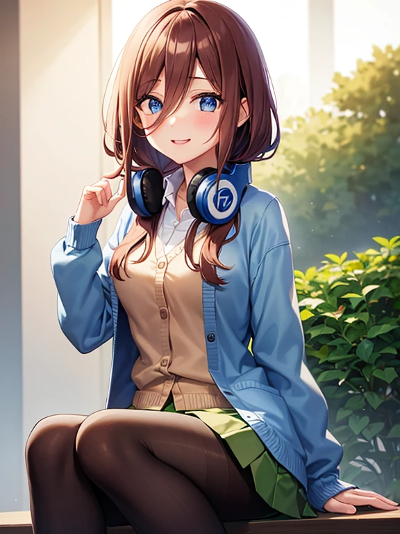 miku nakano, long hair, bangs, blue eyes, brown hair, shirt, hair between eyes, headphones, cardigan, headphones around neck,skirt, shirt, long sleeves, white shirt, pantyhose, pleated skirt, black pantyhose, cardigan, green skirt, blue cardigan,smile