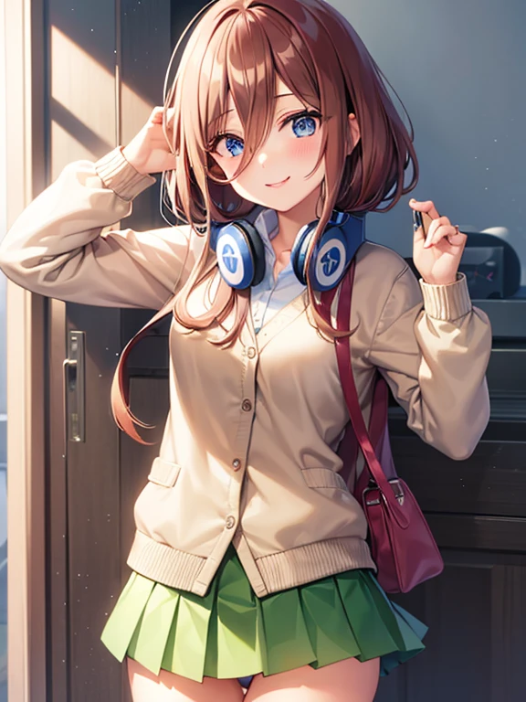 miku nakano, long hair, bangs, blue eyes, brown hair, shirt, hair between eyes, headphones, cardigan, headphones around neck,skirt, shirt, long sleeves, white shirt, white panty,pleated skirt, whitepanty, cardigan, green skirt, blue cardigan,smile