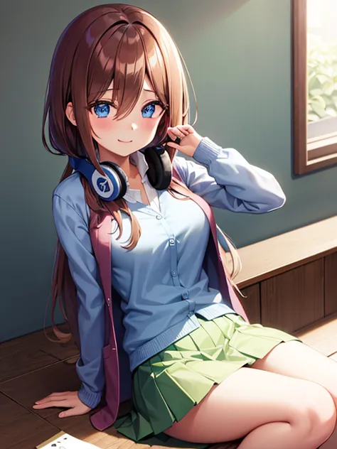 miku nakano, long hair, bangs, blue eyes, brown hair, shirt, hair between eyes, headphones, cardigan, headphones around neck,ski...