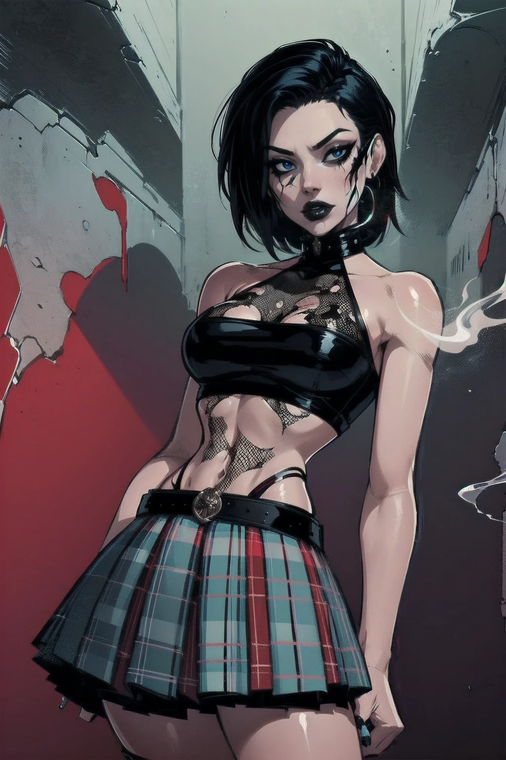 a woman with short black hair, hair on shoulders,  wearing a red cropped  and plaid skirt, blue eyes, zombie art, gothic art, cute aesthetic with vibe, toon aesthetic, wearing red costume, wearing gothic accessories, look like Cassie Hack, upper body, red background, smoking