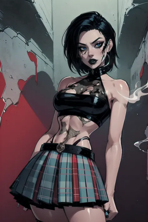 a woman with short black hair, hair on shoulders,  wearing a red cropped  and plaid skirt, blue eyes, zombie art, gothic art, cu...