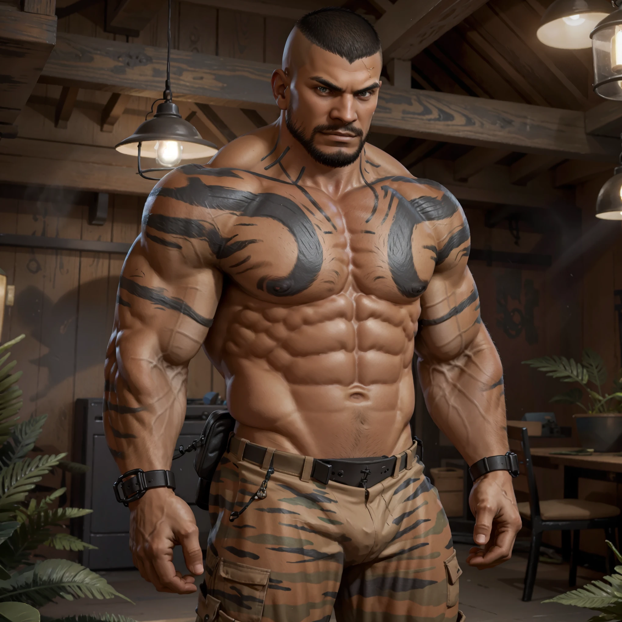 (masterpiece, best quality:1.2), 1boy, solo, (cowboy shot), inside desert camouflage colored tent, (standing at attention), brunette hair, (buzz cut hair), powerful pecs, huge biceps, pectoral, huge pectoral, wide pectoral, six pack abs, camouflage pants, boots, topless male, beefy, dark-skinned male, dark skin, shoulder tattoo, chest tattoo, manly, muscular male, the expression is particularly happy, the expression of excitement, the euphoria is a close-up, the lens mainly features the upper body, high quality, 4K, 8K, resolution, -auto-s2