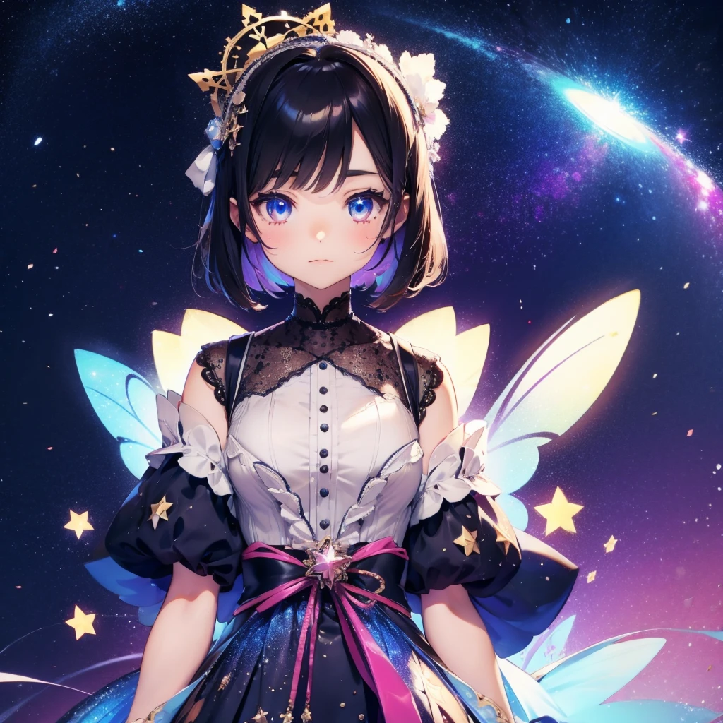 1girl、vtuber-fullbody、Star Fairy、「A beautifully printed galaxy patterned kimono and gothic lolita outfit.、Space pattern box pleated mini skirt with ruffles、Front full body portrait、enchanting eyes、Perfect and stunning face、exquisite details、clear image、highest quality。」short hair、