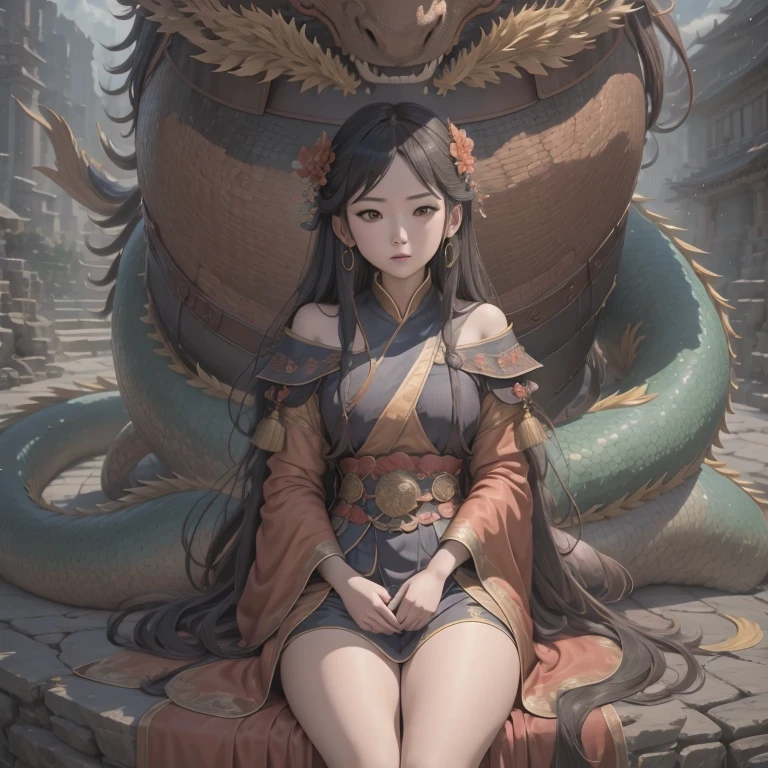 Middle school student in bright orange chiffon dress sitting on a large 鹿角 statue, queen of the sea mu 奈斯 ling, cinematic, by Super Realism, the dragon girl portrait, Guan Xiaotong fantasy, wl op and ross winter rain, ross netflix drama and crossing, full body, Ross Costume 8k,Hanfujia and art germ, Horse-faced skirt and f international star fan science fiction, 1girl, 独奏