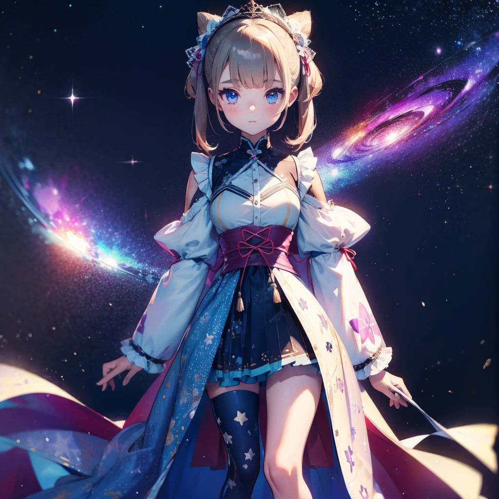 1girl、vtuber-fullbody、Star Fairy、「A beautifully printed galaxy patterned kimono and gothic lolita outfit.、Space pattern box pleated mini skirt with ruffles、Front full body portrait、enchanting eyes、Perfect and stunning face、exquisite details、clear image、highest quality。」short hair、