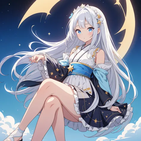 sitting on the crescent moon、(masterpiece, best quality), 1girl,  1girl、vtuber-fullbody、Star Fairy、「A beautifully printed galaxy...