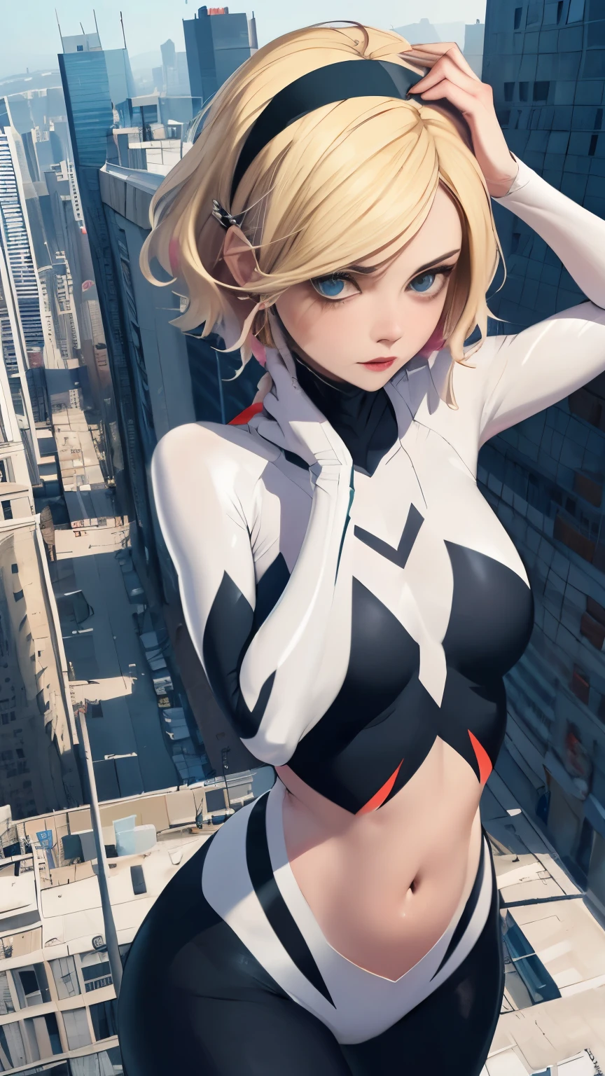 (Highly quality, masterpiece, detailed), city detailed scenario, city detailed background, solo, gwen, spider gwen, blonde hair, multi colored hair, short hair, hairband, 1woman, crop top, navel, on top of a building, perfect face, beautiful eyes, look at the viewer, Sexy pose