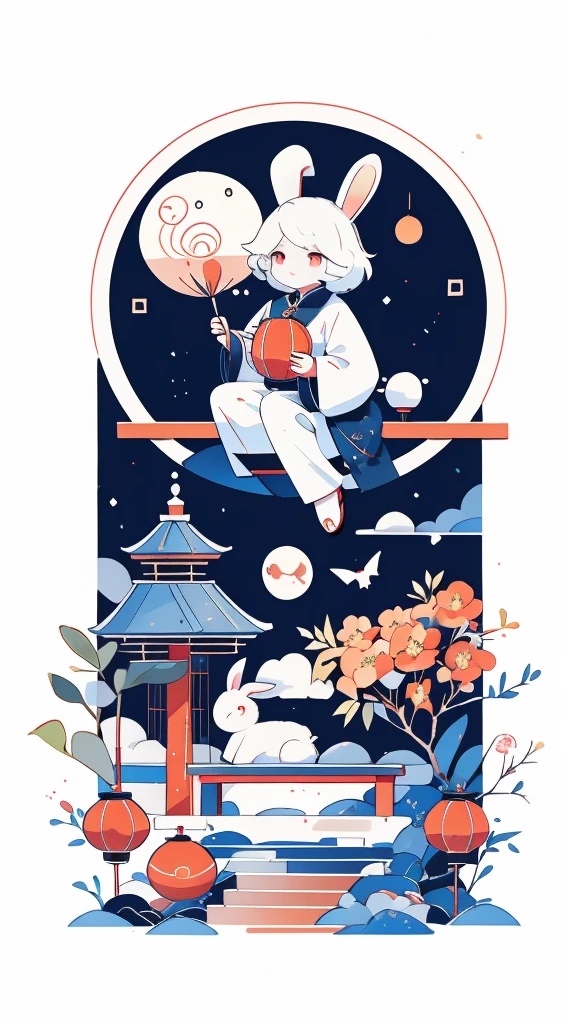 （A rabbit：1.4）, sat on the ground, Looking up, （（Mid-Autumn Festival atmosphere；1.2，sweet osmanthus，Kongming Lantern，Meniscuoon cake）），（Chinese kanji：1.3），Chinese Traditional illustration style, Digital art, Simple background, Masterpiece on white background, Best quality, Ultra-detailed, High quality, 4K