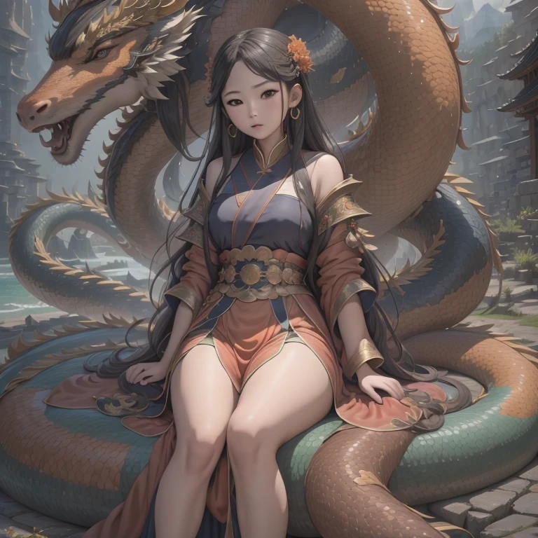 Middle school student in bright orange chiffon dress sitting on a large 鹿角 statue, queen of the sea mu 奈斯 ling, cinematic, by Super Realism, the dragon girl portrait, Guan Xiaotong fantasy, wl op and ross winter rain, ross netflix drama and crossing, full body, Ross Costume 8k,Hanfujia and art germ, Horse-faced skirt and f international star fan science fiction, 1girl, 独奏