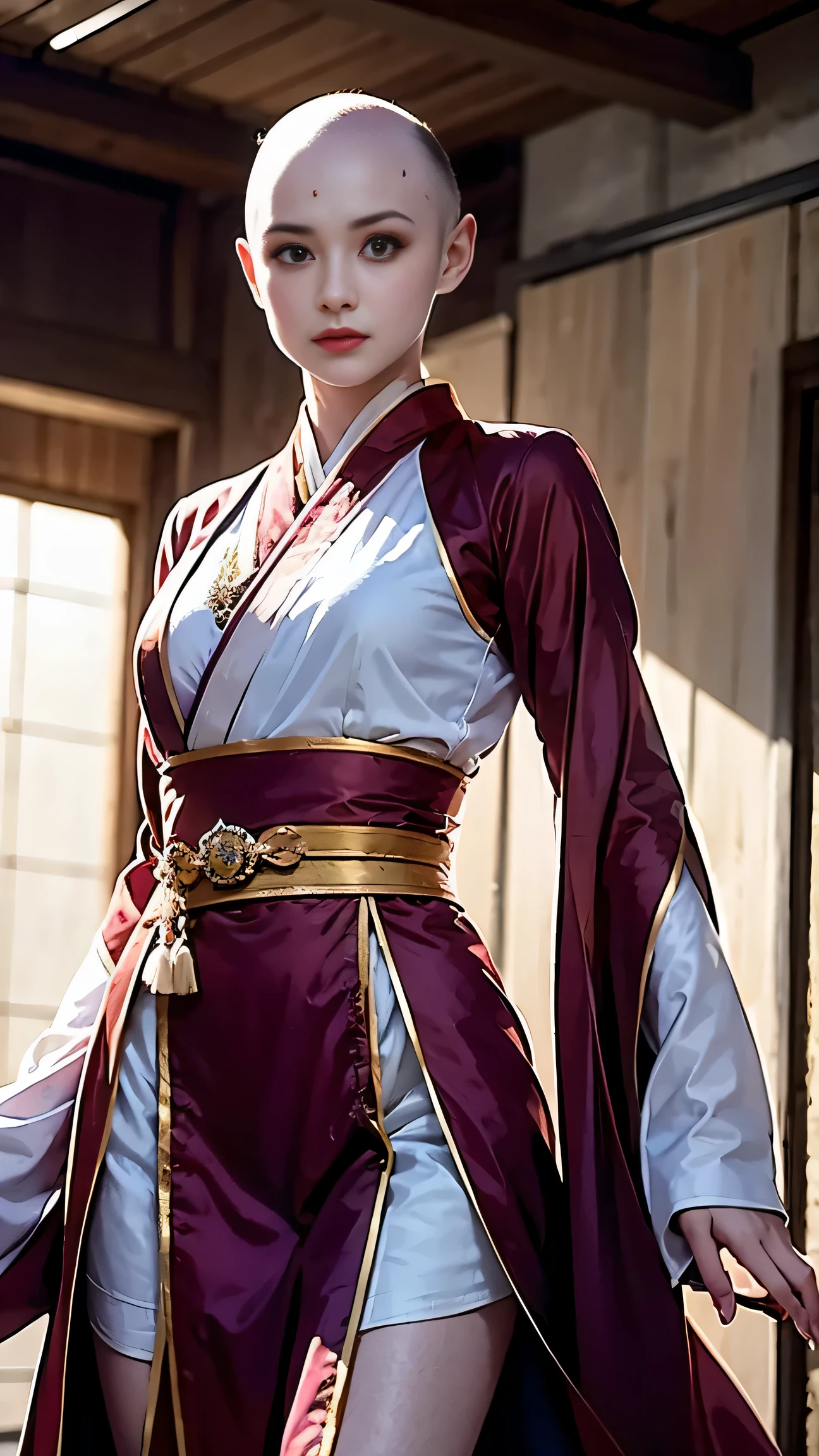 (masterpiece, best quality:1.1), Samurai sword，sh4g0d style cyberpunk female warrior，(bald，monk:1.2),bushido,robe