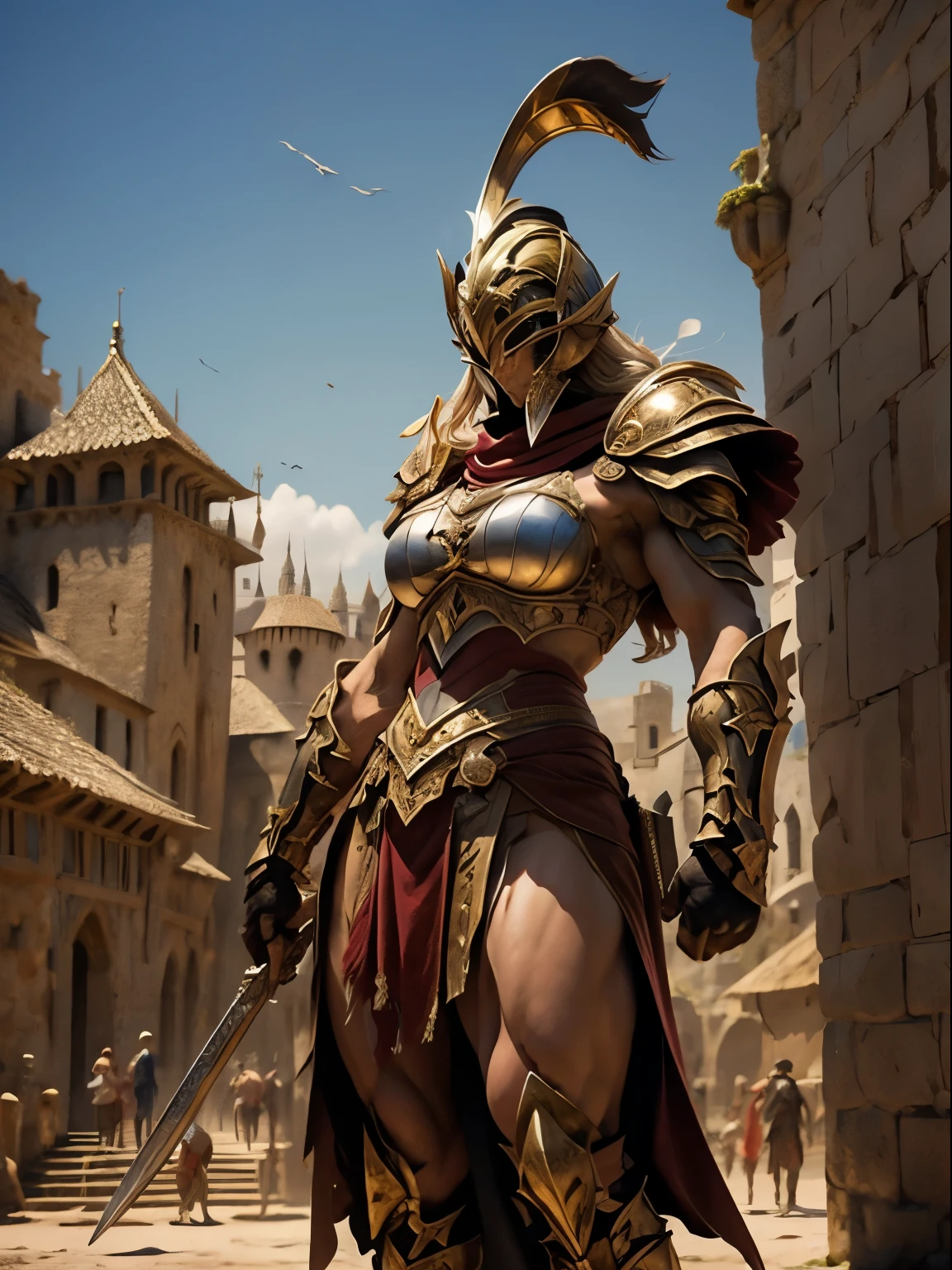 belle femme guerrière en armure grecque dorée, Cheveux noir de jais, casque hoplite, musclé, énormes seins nus, je regarde le spectateur, premier plan, poses de photos de modèles, Oeuvre d&#39;art, meilleure qualité, 8k, Arrière-plan flou, château médiéval fantastique en arrière-plan