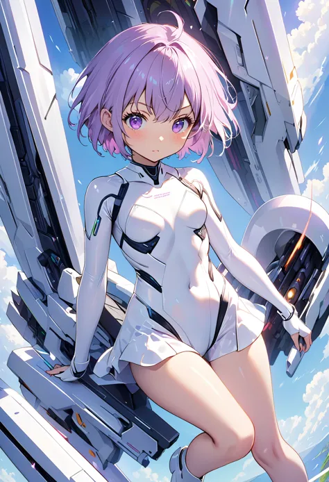 Girl with a railgun、White Cyber Bodysuit、light purple hair、short hair、Drooping eyes、cute、cute