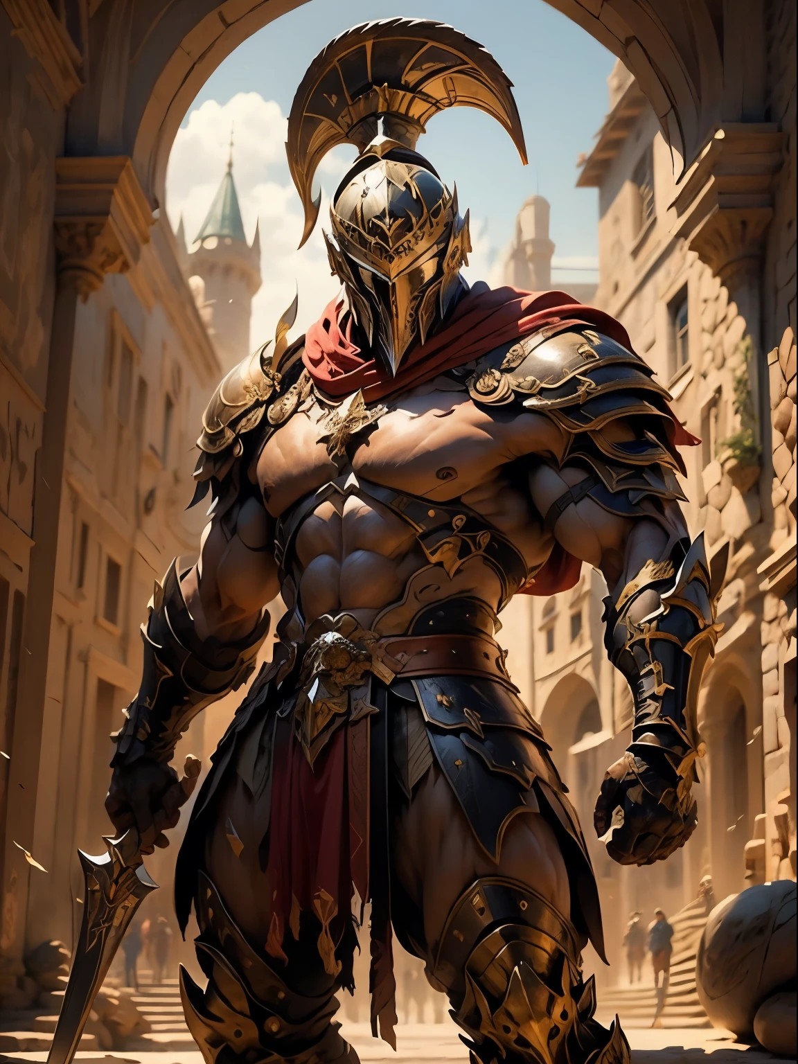beautiful warrior in golden greek armor, Jet black hair, hoplite helmet, muscular, huge and heavy breasts, I look at the viewer, foreground, model photo poses, work of art, best qualityer, 8k, nblurry background, medieval fantasy castle in the background