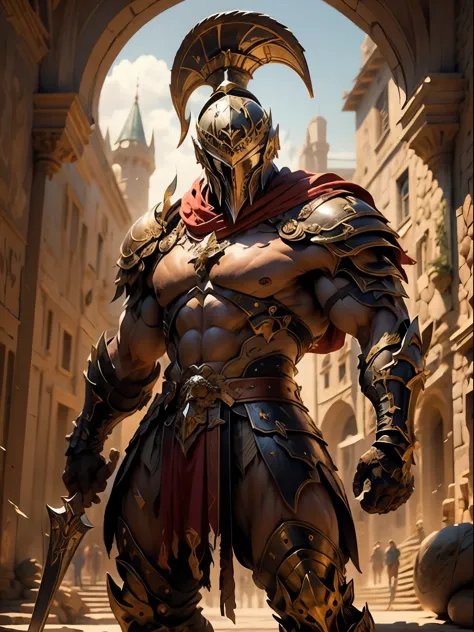 bela guerreira em armadura grega dourada, Cabelo preto azeviche, capacete hoplita, muscular, seios enormes e pesados, Eu olho pa...