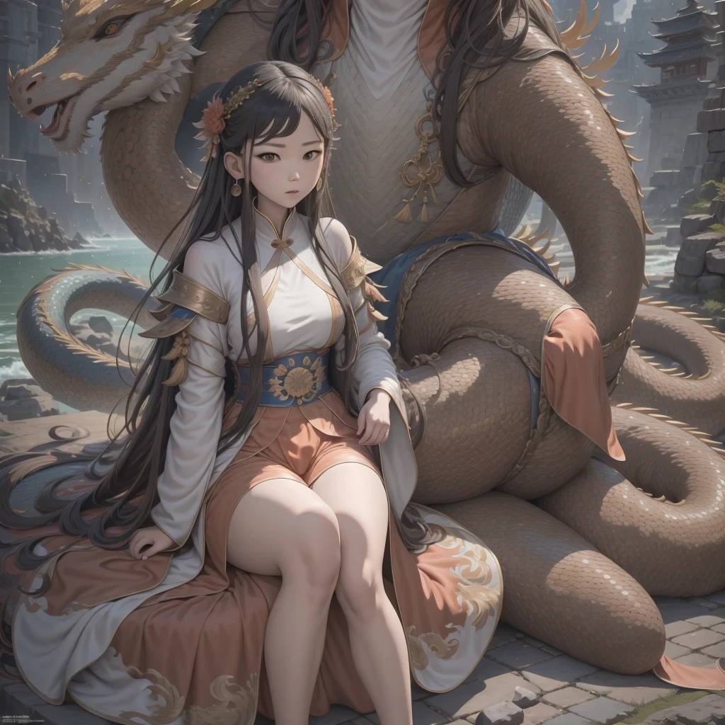 Middle school student in bright orange chiffon dress sitting on a large 鹿角 statue, queen of the sea mu 奈斯 ling, cinematic, by Super Realism, the dragon girl portrait, Guan Xiaotong fantasy, wl op and ross winter rain, ross netflix drama and crossing, full body, Ross Costume 8k,Hanfujia and art germ, Horse-faced skirt and f international star fan science fiction, 1girl, 独奏