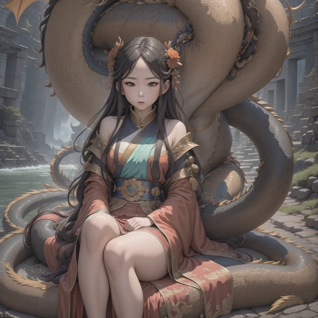 Middle school student in bright orange chiffon dress sitting on a large 鹿角 statue, queen of the sea mu 奈斯 ling, cinematic, by Super Realism, the dragon girl portrait, Guan Xiaotong fantasy, wl op and ross winter rain, ross netflix drama and crossing, full body, Ross Costume 8k,Hanfujia and art germ, Horse-faced skirt and f international star fan science fiction, 1girl, solo