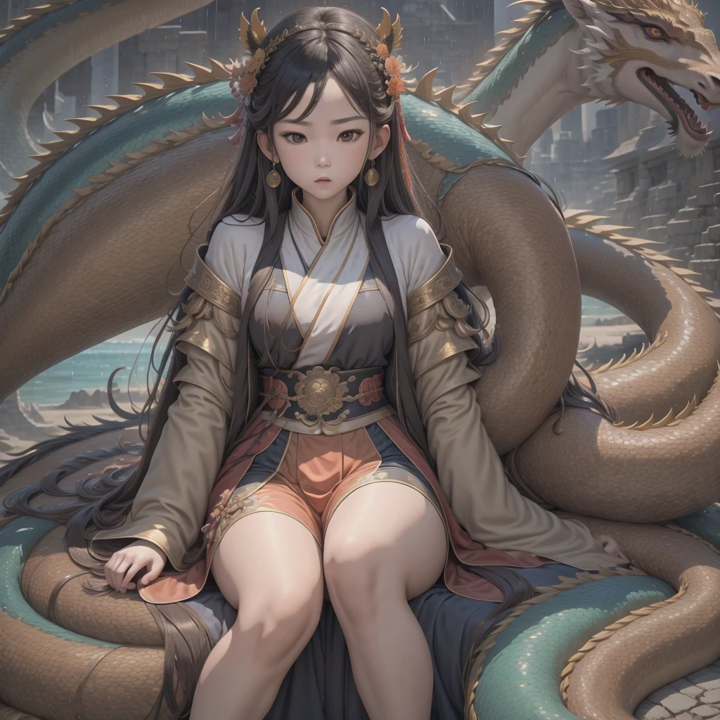 Middle school student in bright orange chiffon dress sitting on a large 鹿角 statue, queen of the sea mu 奈斯 ling, cinematic, by Super Realism, the dragon girl portrait, Guan Xiaotong fantasy, wl op and ross winter rain, ross netflix drama and crossing, full body, Ross Costume 8k,Hanfujia and art germ, Horse-faced skirt and f international star fan science fiction, 1girl, 独奏