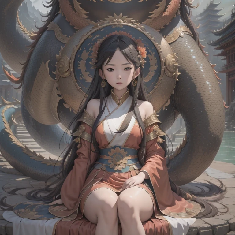 Middle school student in bright orange chiffon dress sitting on a large 鹿角 statue, queen of the sea mu 奈斯 ling, cinematic, by Super Realism, the dragon girl portrait, Guan Xiaotong fantasy, wl op and ross winter rain, ross netflix drama and crossing, full body, Ross Costume 8k,Hanfujia and art germ, Horse-faced skirt and f international star fan science fiction, 1girl, 独奏