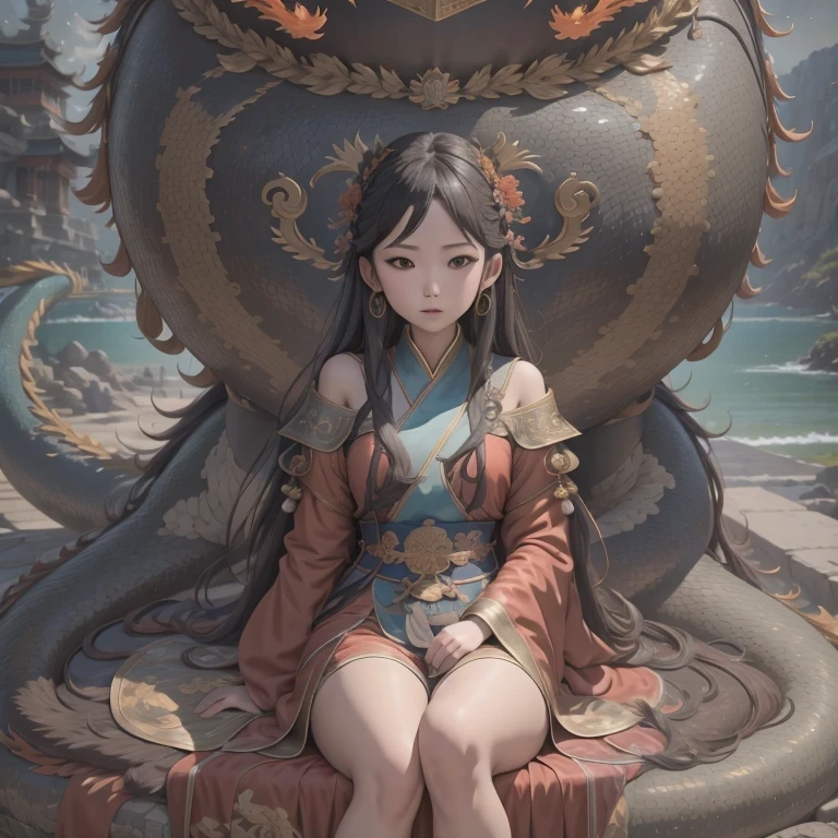 Middle school student in bright orange chiffon dress sitting on a large 鹿角 statue, queen of the sea mu 奈斯 ling, cinematic, by Super Realism, the dragon girl portrait, Guan Xiaotong fantasy, wl op and ross winter rain, ross netflix drama and crossing, full body, Ross Costume 8k,Hanfujia and art germ, Horse-faced skirt and f international star fan science fiction, 1girl, 独奏