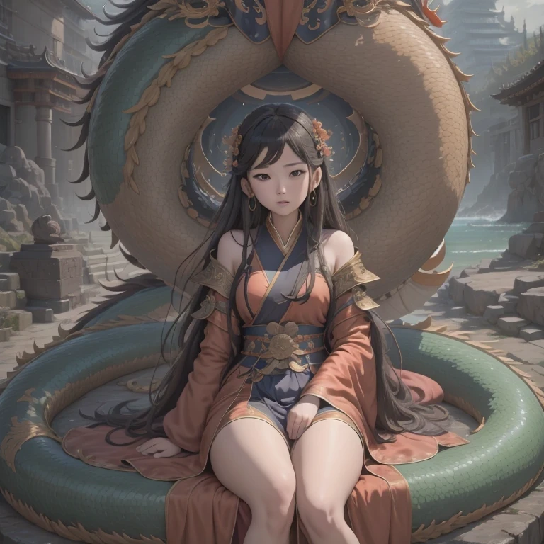 Middle school student in bright orange chiffon dress sitting on a large 鹿角 statue, queen of the sea mu 奈斯 ling, cinematic, by Super Realism, the dragon girl portrait, Guan Xiaotong fantasy, wl op and ross winter rain, ross netflix drama and crossing, full body, Ross Costume 8k,Hanfujia and art germ, Horse-faced skirt and f international star fan science fiction, 1girl, 独奏