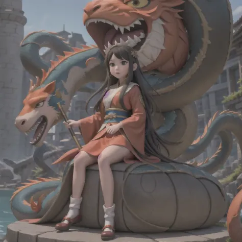 Middle school student in bright orange chiffon dress sitting on a large 鹿角 statue, queen of the sea mu 奈斯 ling, cinematic, by Su...