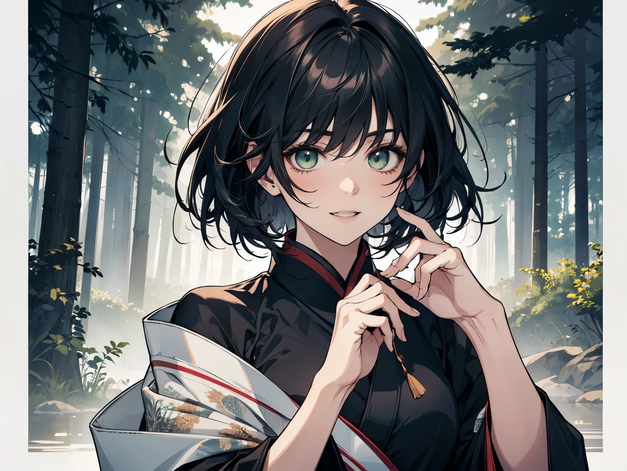 1female, a teenager, wearing black and white kimono, black hair, short hair, green eyes, face to detail, detailed eyes, the background is a calming forest in china, holding strings from spiders, laughing and having a good time