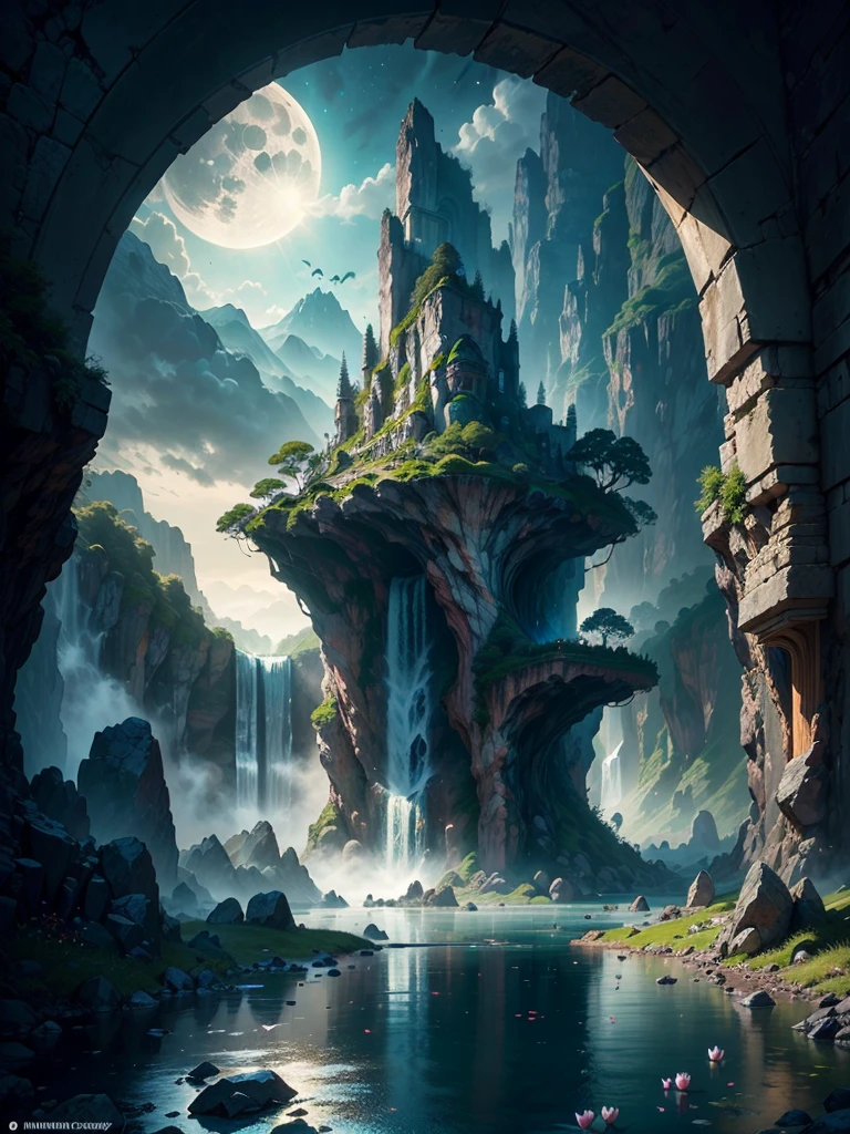 there is a large 水fall in the middle of a 山, 古都, すごい matte painting of an island, the 失われた都市アトランティス, an aztec city in a island 湖, 古都 風景, 失われた都市アトランティス, マーク・シモネッティ. 複雑な, 美しいコンセプトアート, 素晴らしいコンセプトアート, 非常にリアルなコンセプトアート, art style of マーク・シモネッティ, (((傑作))), 最高品質, 高品質, 非常に詳細な CG unity 8k wallpaper, 景色, 屋外, 空, 雲, 無人, 山, 風景, 水, 木, blue 空, 水fall, 崖, 自然, 湖, 川, 雲y 空,受賞歴のある写真, ボケ, 被写界深度, 高解像度, 咲く, 色収差 ,写実的な,非常に詳細な, アートステーションでトレンド, CGSociety で話題, 複雑な, 細部までこだわった, 劇的, アート：midjourney, tall 水fall, painting of a 川 with rocks and 木s in the foreground, near a 川, 風景, 密林, 水fall, crystal clear 水, 夜の光,((満月)), カラフル, 川 with rocks, 岩橋, すごい, ファンタジー, ((池のほとりのバラと花)), ((油絵)), moon 風景 reflected in 川, ((岩橋))