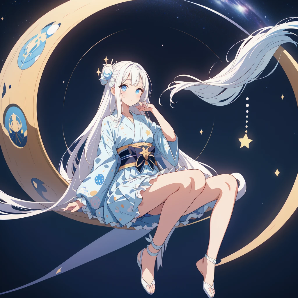 sitting on the crescent moon、(masterpiece, best quality), 1girl,  1girl、vtuber-fullbody、Star Fairy、「A beautifully printed galaxy patterned kimono and gothic lolita outfit.、Space pattern box pleated mini skirt with ruffles、Front full body portrait、enchanting eyes、Perfect and stunning face、exquisite details、clear image、highest quality。」Milky white and light blue gradient straight long hair、