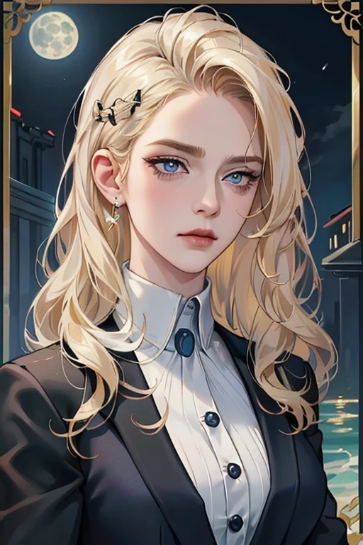 masterpiece, Best quality, night, full moon, 1 girl, mature woman, (blonde hair), long and wavy hair, tranquility, Intellectual, medium hair, blue pupils, hairpin, Beautiful face, face close up, Hand close-up, business suit, White shirt, black dress pants, serious face, closed mouth 