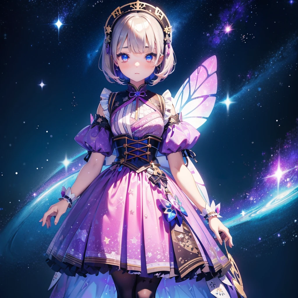 1 chica、vtuber-fullbody、Hada estrella、「Un kimono con estampado de galaxias bellamente estampado y un conjunto de lolita gótica.、Minifalda plisada con estampado espacial y volantes、Retrato frontal de cuerpo entero、ojos encantadores、Rostro perfecto y espectacular、detalles exquisitos、imagen clara、de la máxima calidad。」cabello corto、fondo sencillo、