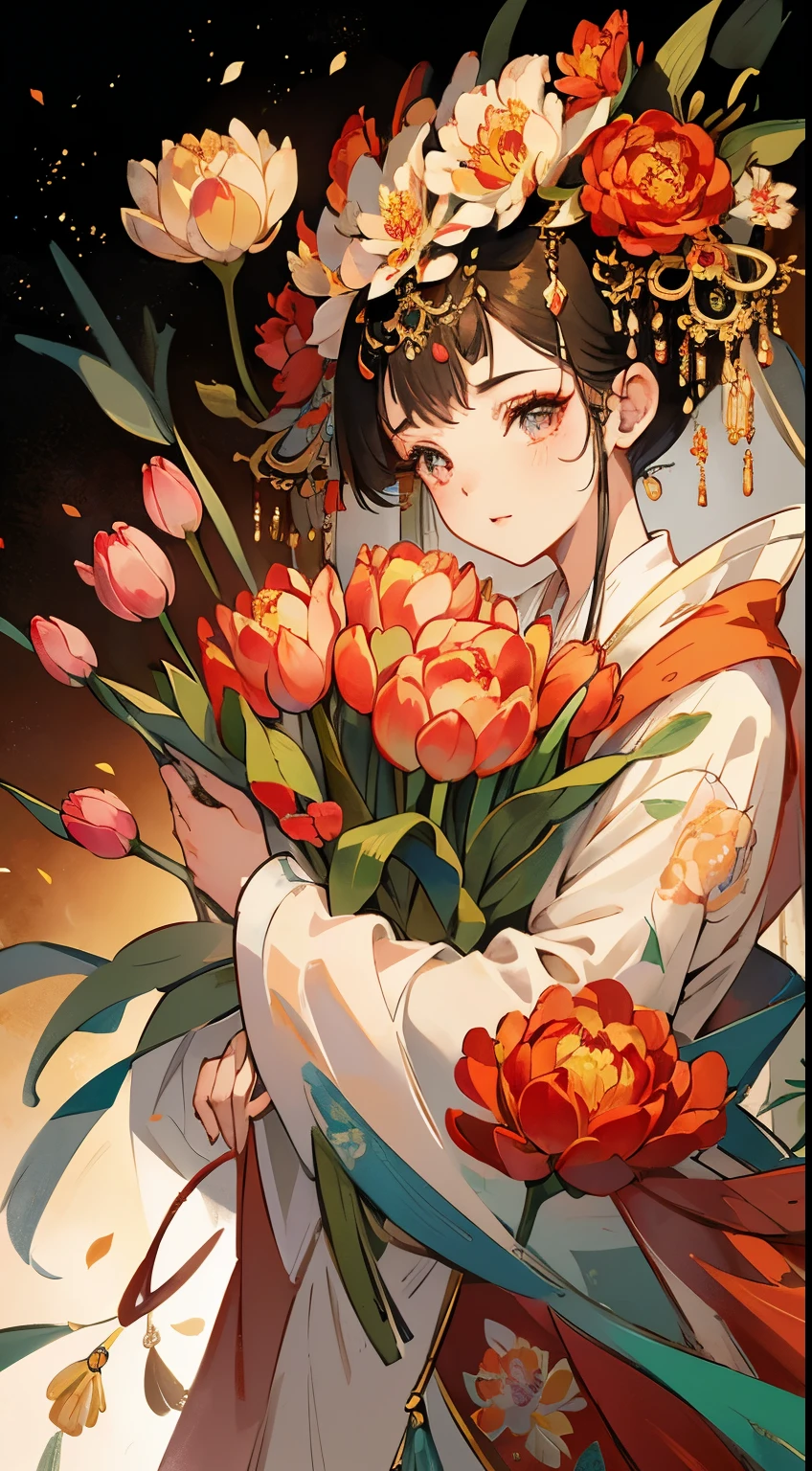 （Huang Li，alta resolução，Super detalhado），1 irmã，Sozinho，Olhos muito detalhados，Elementos tulipa（arte oficial，lindo e lindo：1.2），（arte fractal：1.3），Mais detalhado，(arte fractal: 1.1), (rico e colorido: 1.1) (estampa floral: 1.3)