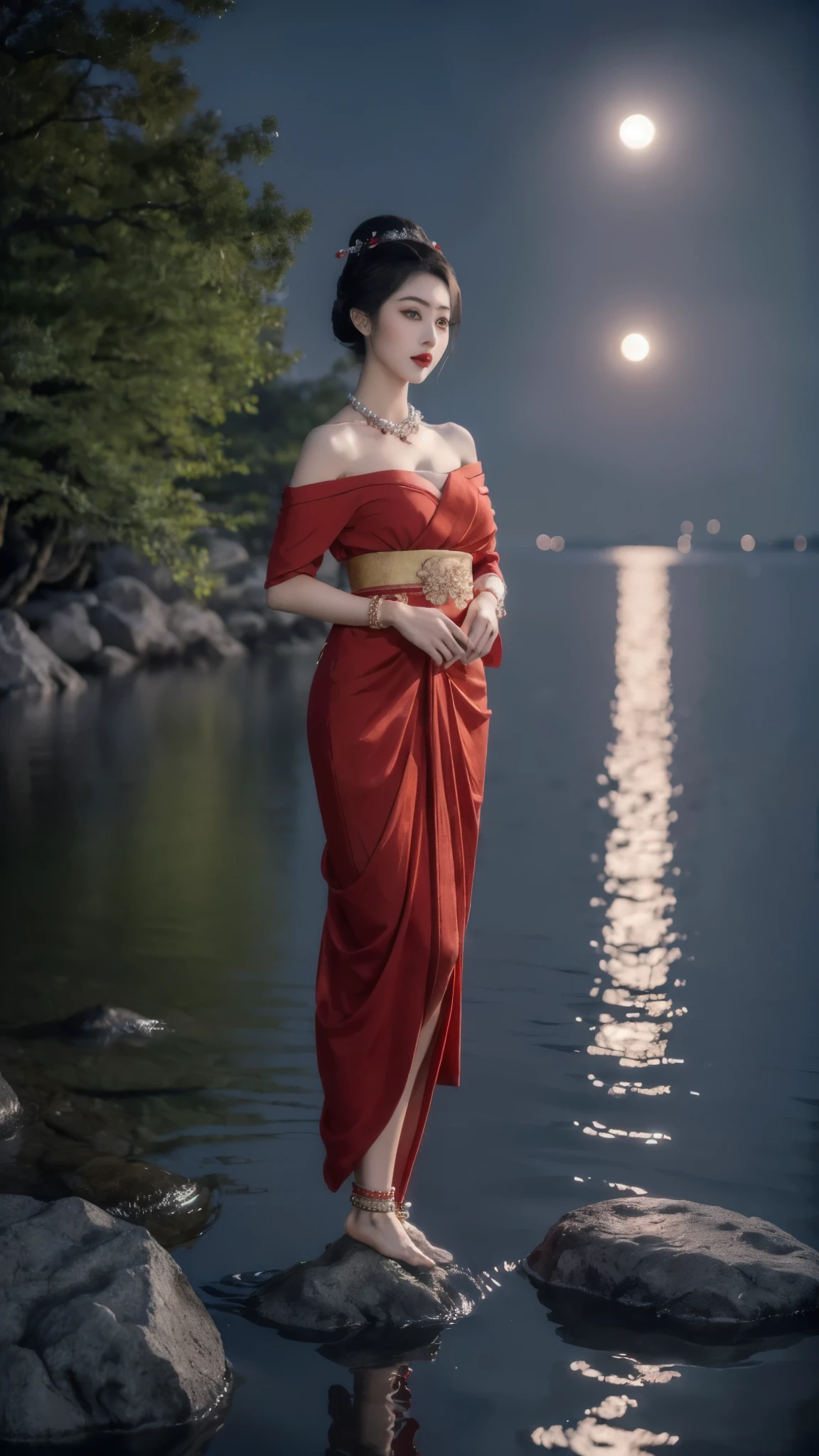 ((Top quality, 8k, Masterpiece: 1.3)), Sharp focus :1.2,   ((Body slim thin captivating. long eyelashes,   highly detailed lips,   detailed eyes,   double eyelid,   Make-up face.  Red lipstick.  hair accessories,  hair Bun,  elegance,    enchanting,

((Beautiful Japanese Geisha)),  ((anklet.  Red kimomo. Bare shoulder)),

anklet,Long legs_full body.  stand.  in the lake. rocks. tree. Moonlight. Evening. dark.  dark.  dark